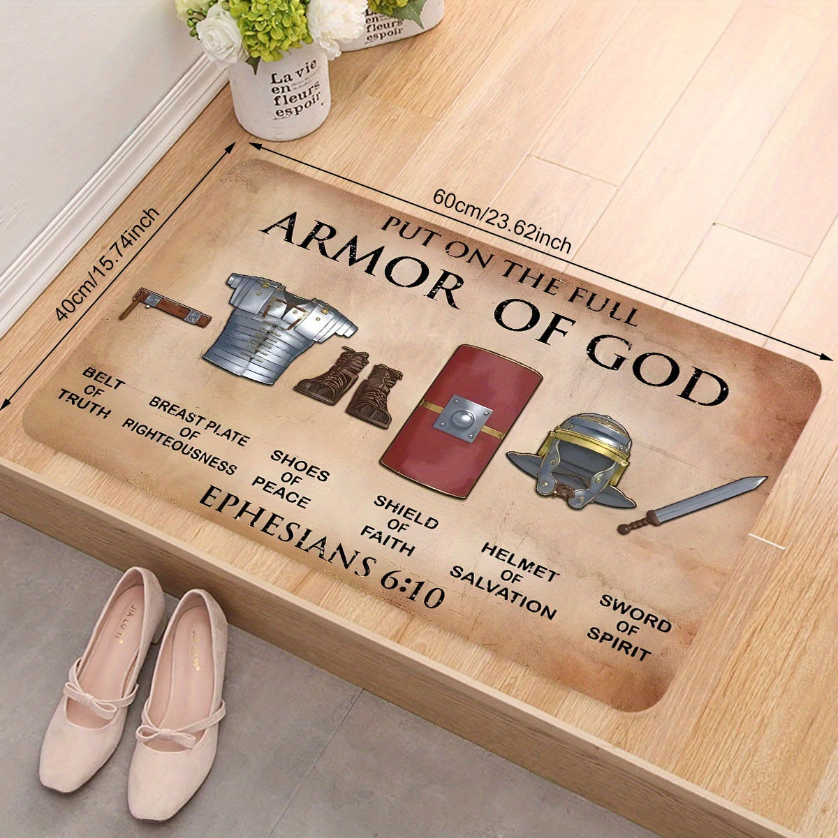 Armor of God Inspirational Polyester Doormat - Non-Slip, Stain Resistant & Lightweight Entry Mat for Indoor/Outdoor Use - Dry Clean Only