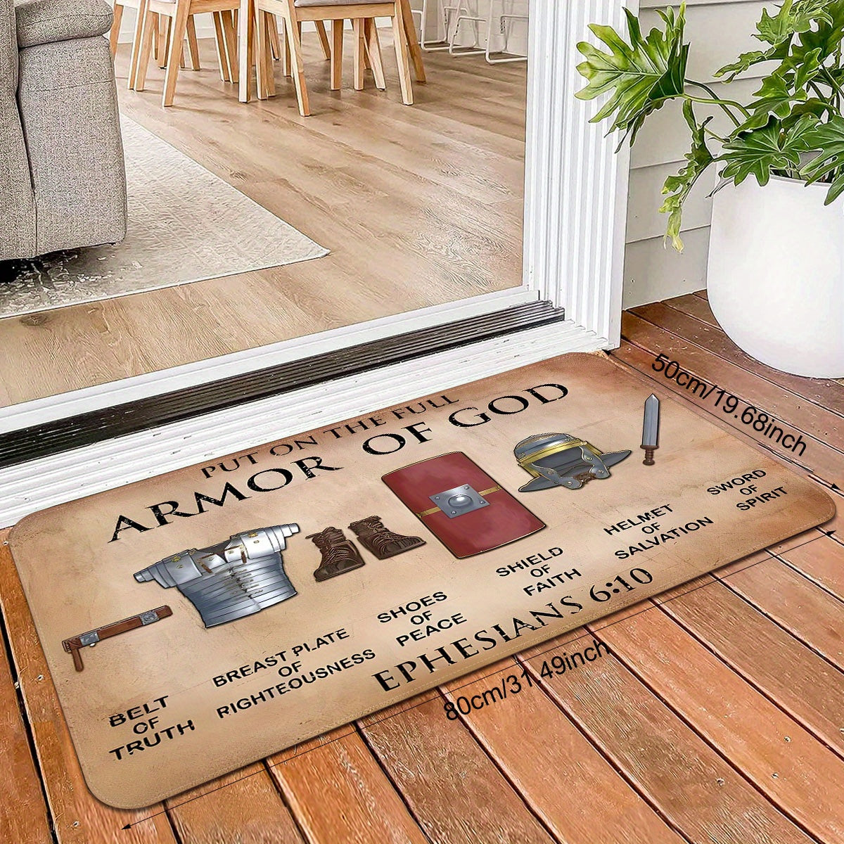 Armor of God Inspirational Polyester Doormat - Non-Slip, Stain Resistant & Lightweight Entry Mat for Indoor/Outdoor Use - Dry Clean Only