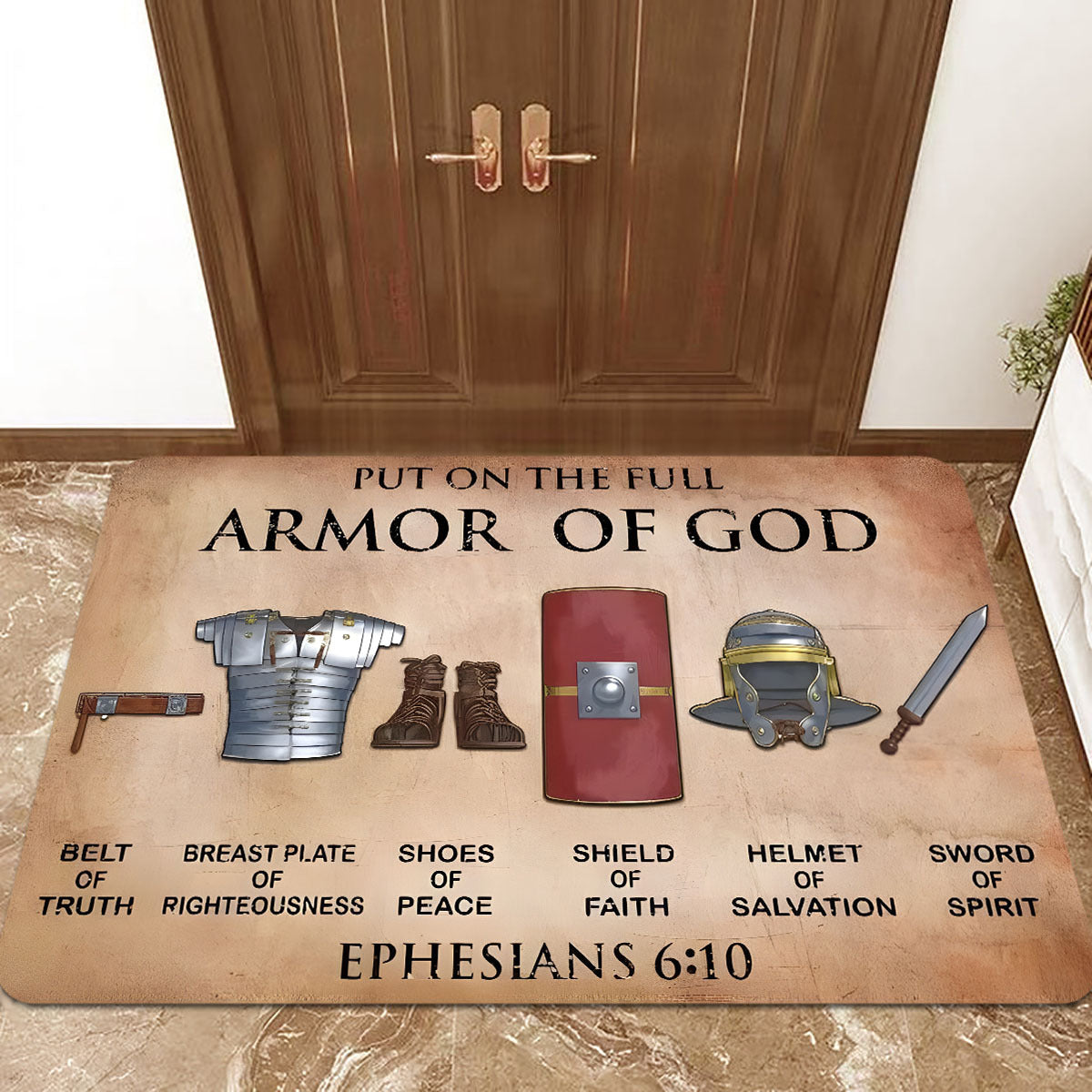 Armor of God Inspirational Polyester Doormat - Non-Slip, Stain Resistant & Lightweight Entry Mat for Indoor/Outdoor Use - Dry Clean Only