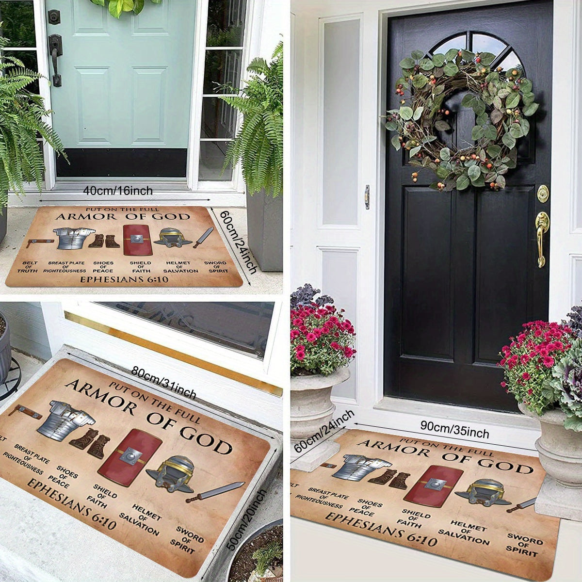Armor of God Inspirational Polyester Doormat - Non-Slip, Stain Resistant & Lightweight Entry Mat for Indoor/Outdoor Use - Dry Clean Only