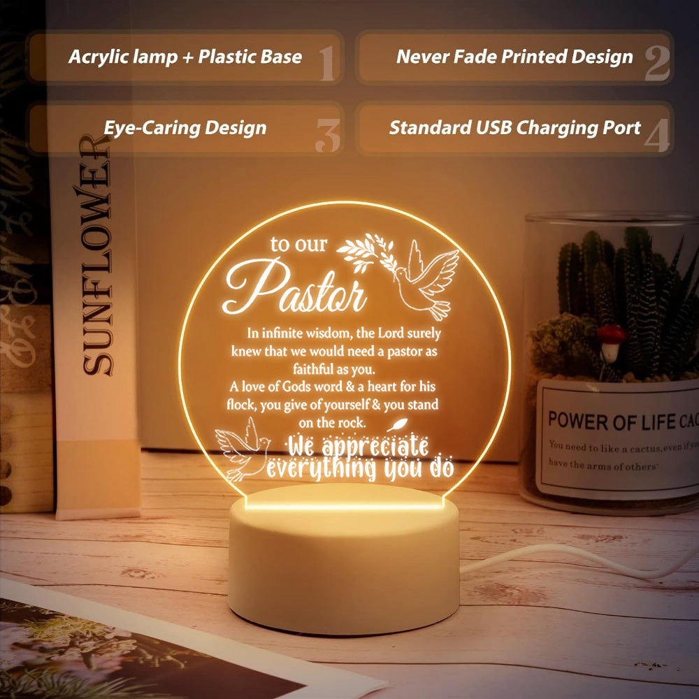 Inspirational Pastor Appreciation LED Night Light - USB-Powered, Acrylic Frame, Christian Decor