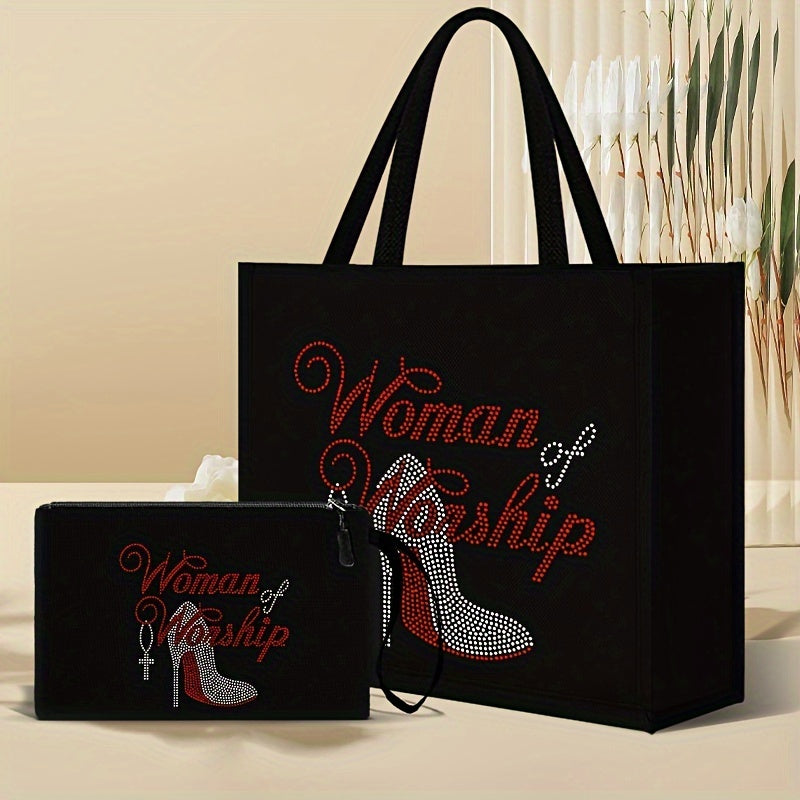 2pcs Women of Worship Tote Bag Set with Cosmetic Pouch, Casual Fabric Tote Bags with Adjustable Shoulder Straps