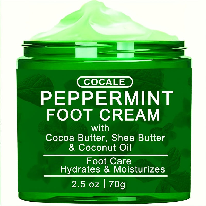 COCALE Peppermint Foot Cream with Shea Butter & Coconut Oil - Hydrates & Moisturizes Dry, Cracked Feet, Hands, Heels, Elbows - Alcohol-Free, Suitable for All Skin Types, 2.5oz