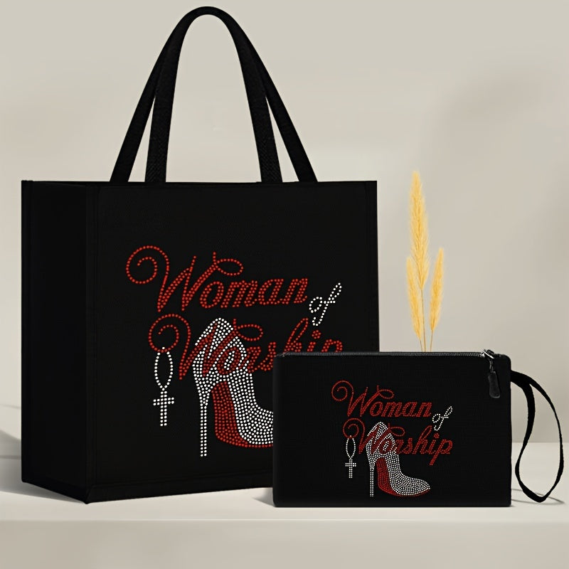 2pcs Women of Worship Tote Bag Set with Cosmetic Pouch, Casual Fabric Tote Bags with Adjustable Shoulder Straps