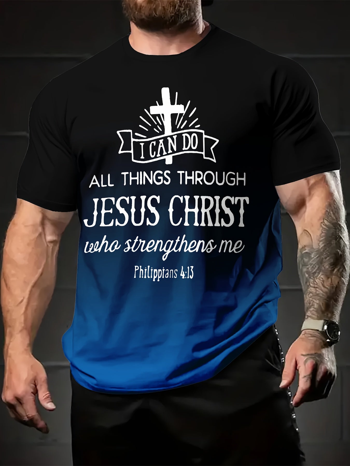 Philippians 4:13 Scripture Tee - 1pc Vintage Inspirational Quote T-Shirt for Men