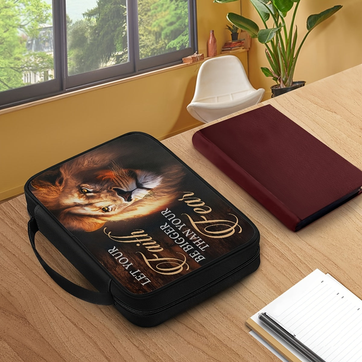 1pc Inspirational Lion Bible Tote Bag - "Let Your Faith Be Bigger Than Your Fear" Quote, Durable Polyester Bible Cover with Sturdy Handle,
