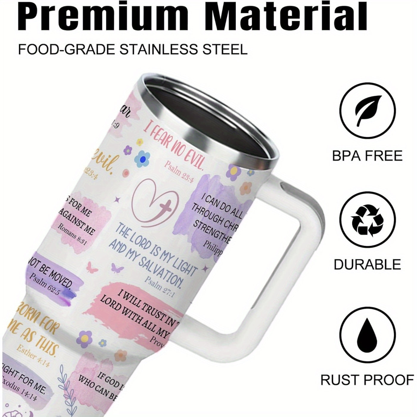 40 Oz Tumbler With Handle, With Inspirational Scriptures to Inspire Your Faith