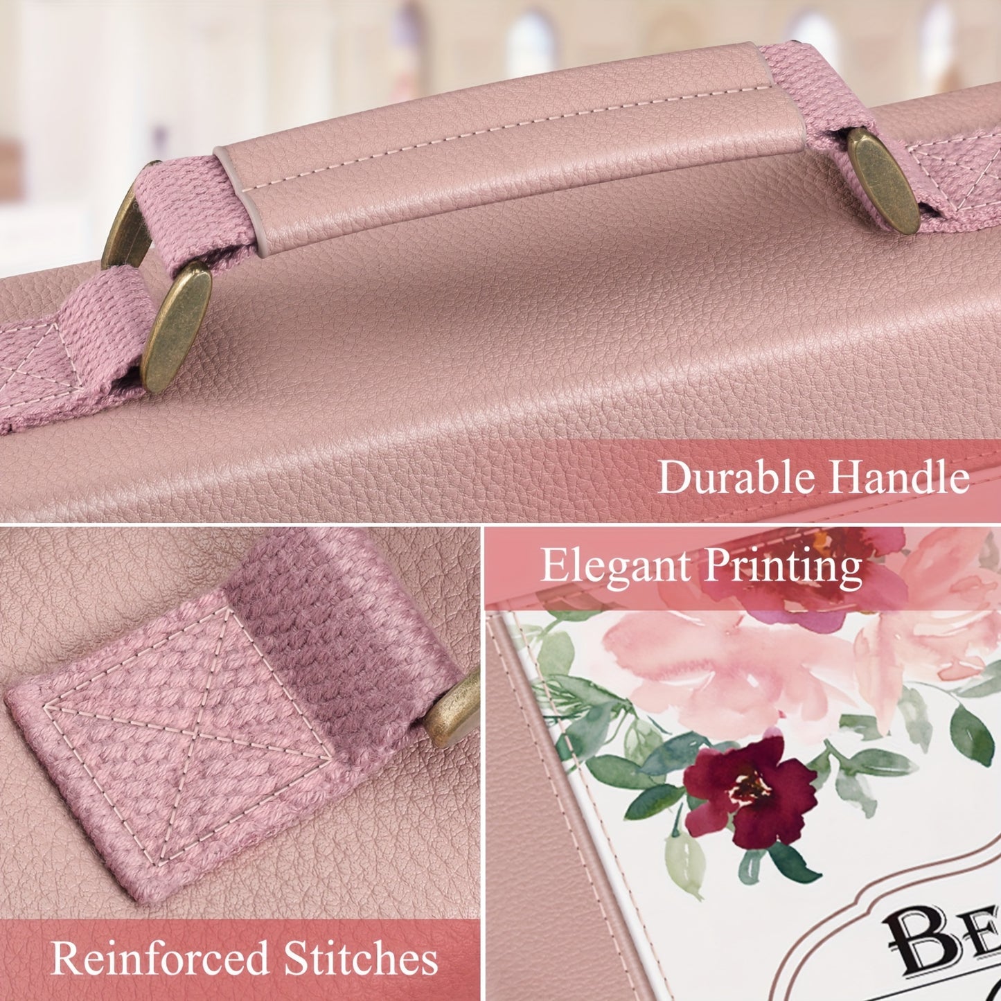 Faux Leather Large Classic Bible Cover - Carrying Book Case Church Bag with Handle - Gift for Women Lady Mother