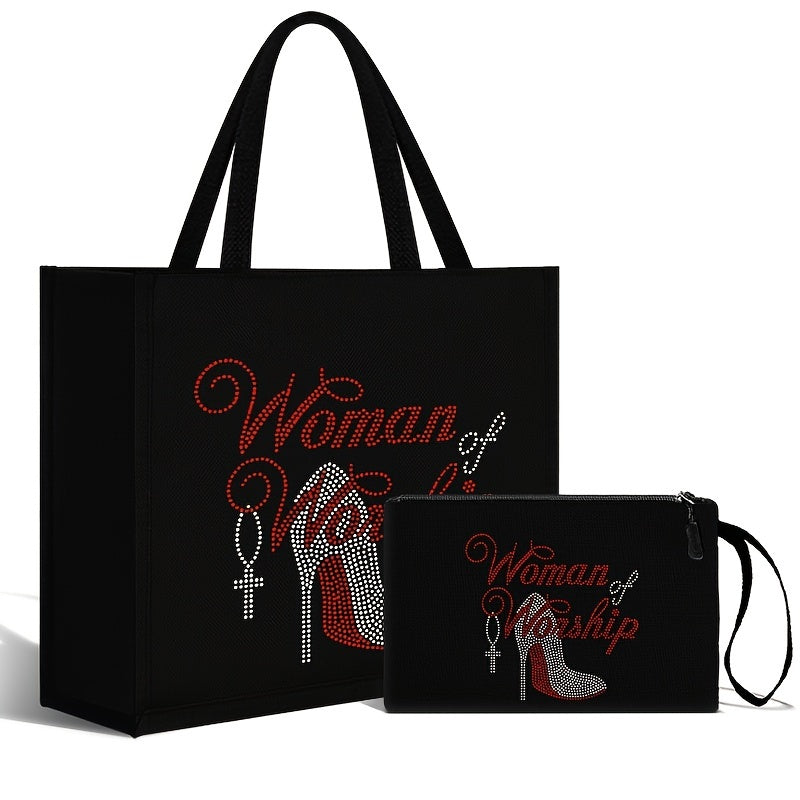 2pcs Women of Worship Tote Bag Set with Cosmetic Pouch, Casual Fabric Tote Bags with Adjustable Shoulder Straps