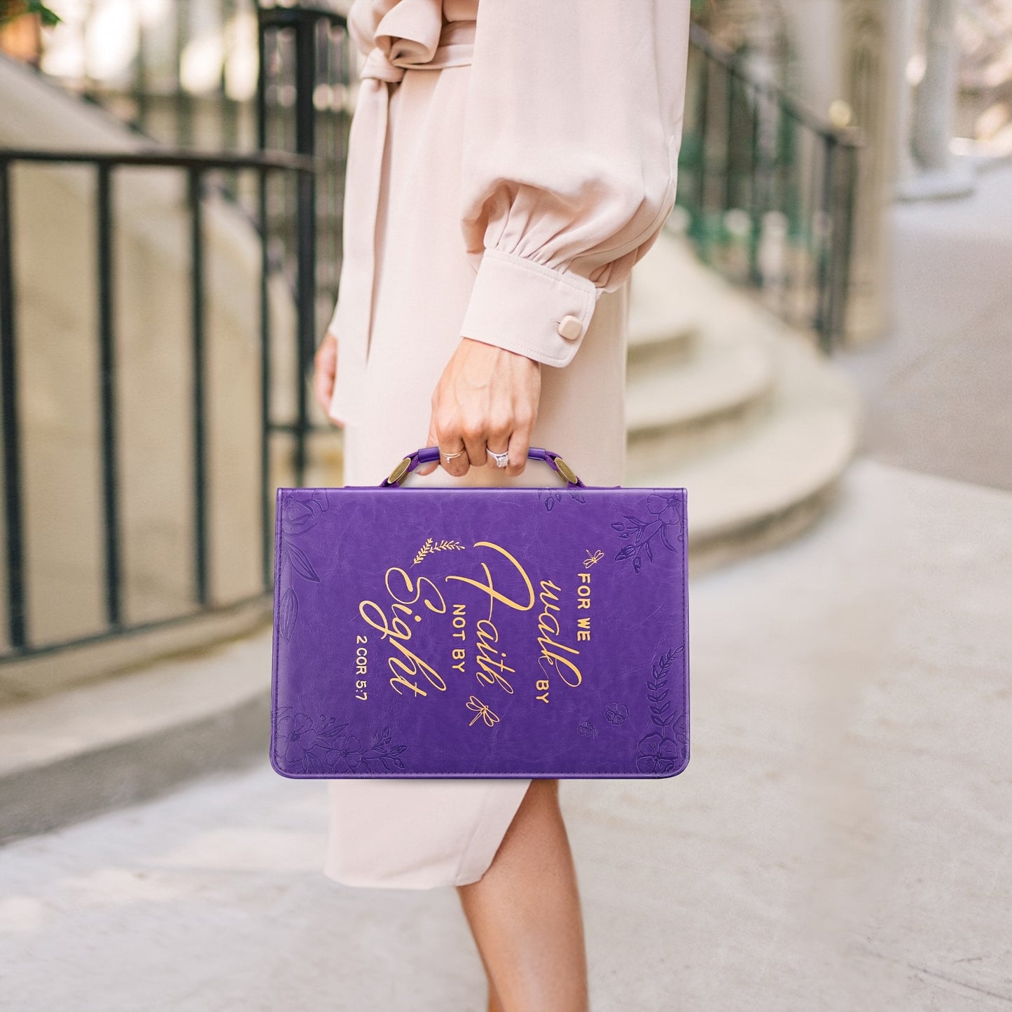 Extra Large Purple Bible Cover, Durable Faux Leather with Elegant Golden Embossed Scripture & Floral Design, Includes Matching Bookmark