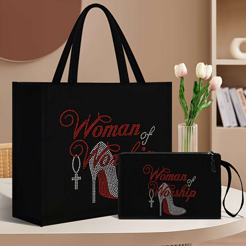 2pcs Women of Worship Tote Bag Set with Cosmetic Pouch, Casual Fabric Tote Bags with Adjustable Shoulder Straps