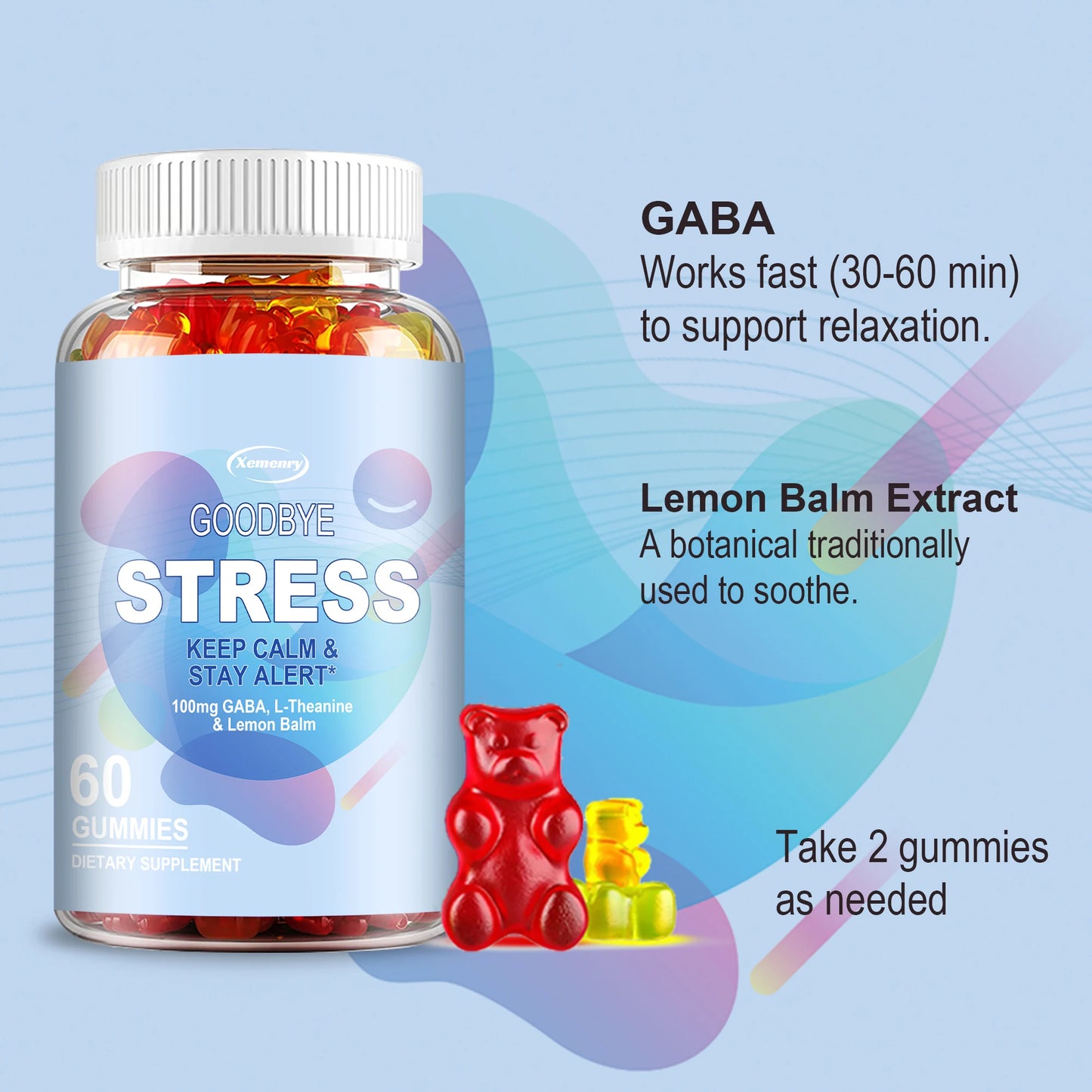 Goodbye Stress Gummies - Contains GABA, L-Theanine, Mood and Stress Relief - 60 Gummies
