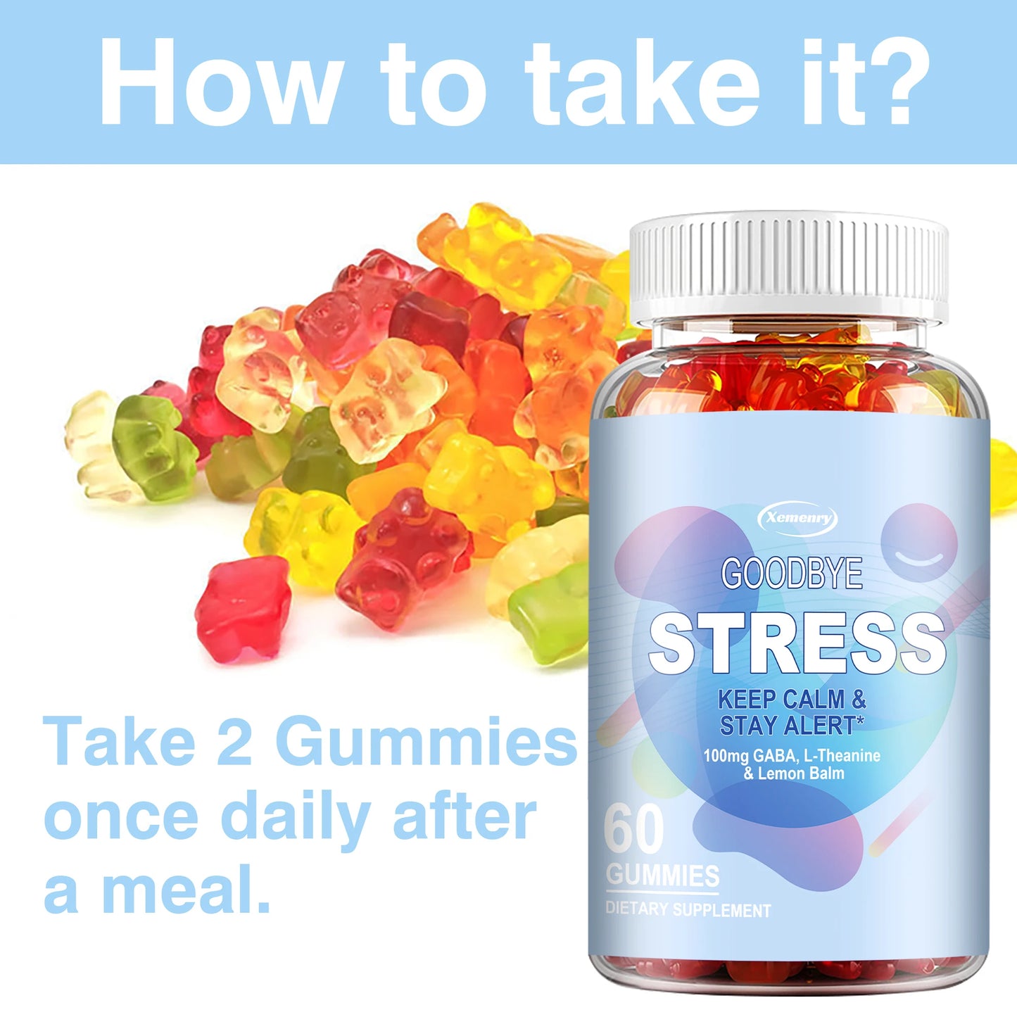 Goodbye Stress Gummies - Contains GABA, L-Theanine, Mood and Stress Relief - 60 Gummies