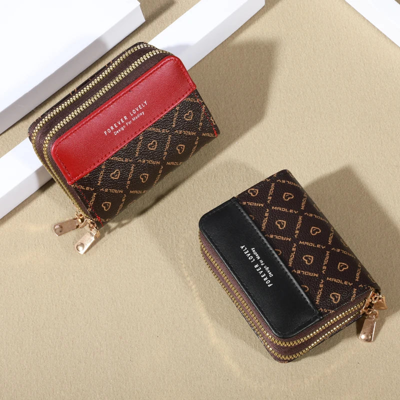 Forever Lovely Mini Wallet - Chic Faux Leather with Double Zipper, Multiple Card Slots & Slip Pocket, Compact Classic Clutch