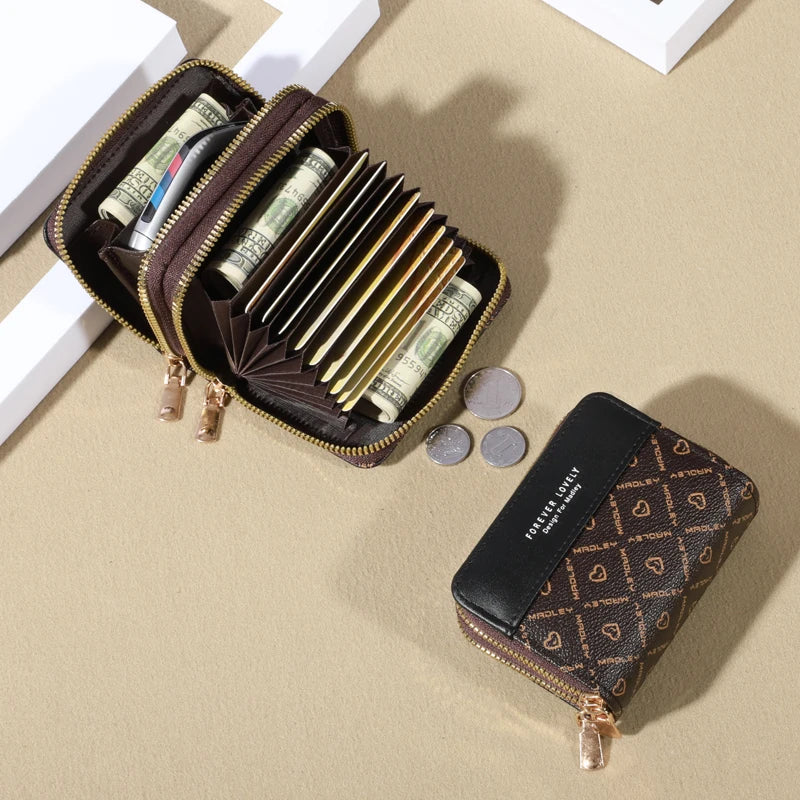 Forever Lovely Mini Wallet - Chic Faux Leather with Double Zipper, Multiple Card Slots & Slip Pocket, Compact Classic Clutch
