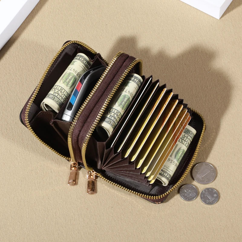 Forever Lovely Mini Wallet - Chic Faux Leather with Double Zipper, Multiple Card Slots & Slip Pocket, Compact Classic Clutch