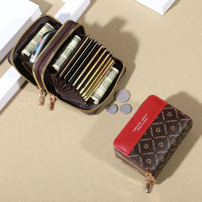 Forever Lovely Mini Wallet - Chic Faux Leather with Double Zipper, Multiple Card Slots & Slip Pocket, Compact Classic Clutch