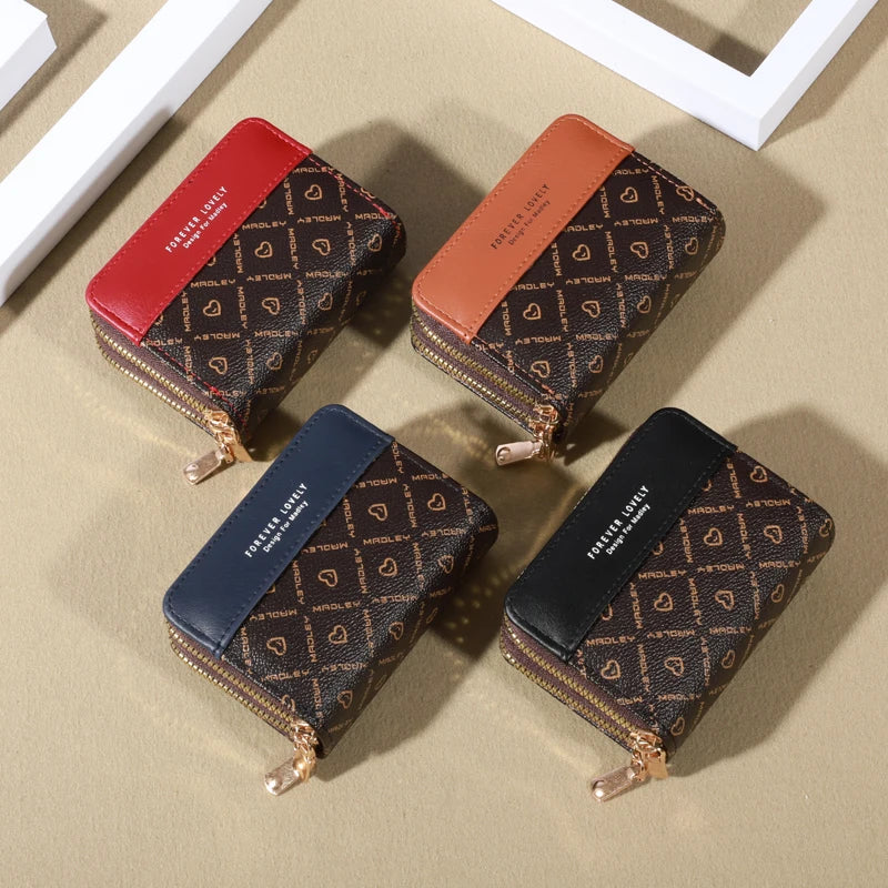 Forever Lovely Mini Wallet - Chic Faux Leather with Double Zipper, Multiple Card Slots & Slip Pocket, Compact Classic Clutch