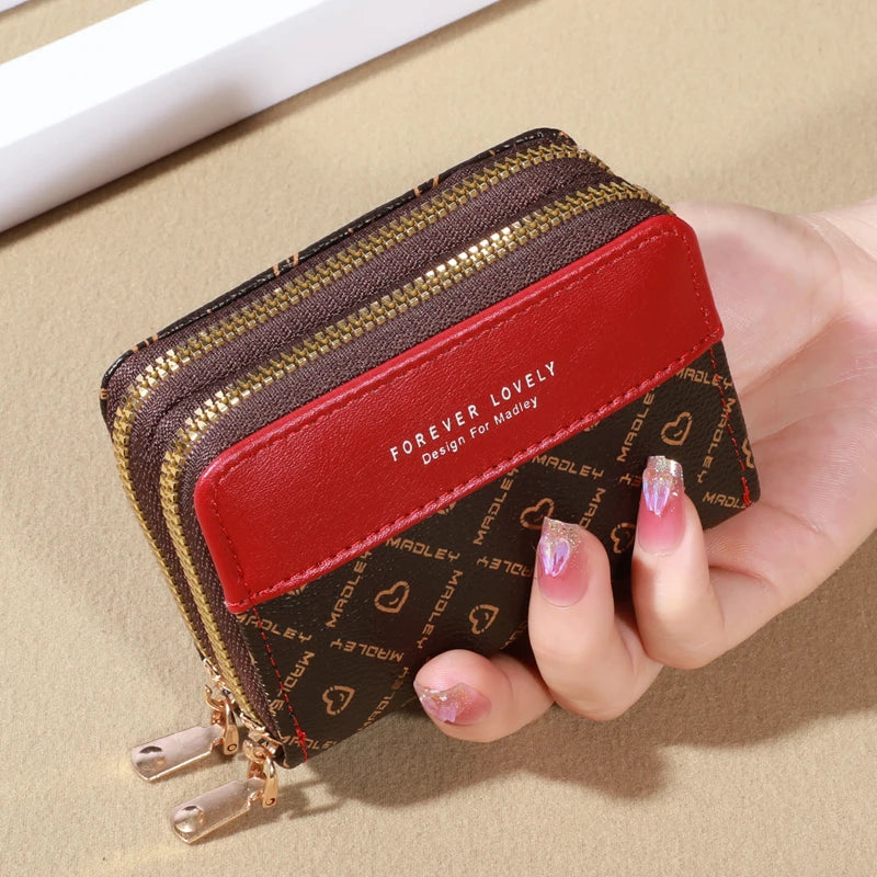 Forever Lovely Mini Wallet - Chic Faux Leather with Double Zipper, Multiple Card Slots & Slip Pocket, Compact Classic Clutch