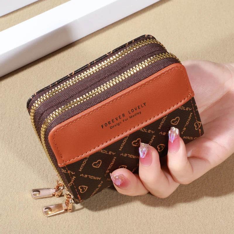 Forever Lovely Mini Wallet - Chic Faux Leather with Double Zipper, Multiple Card Slots & Slip Pocket, Compact Classic Clutch