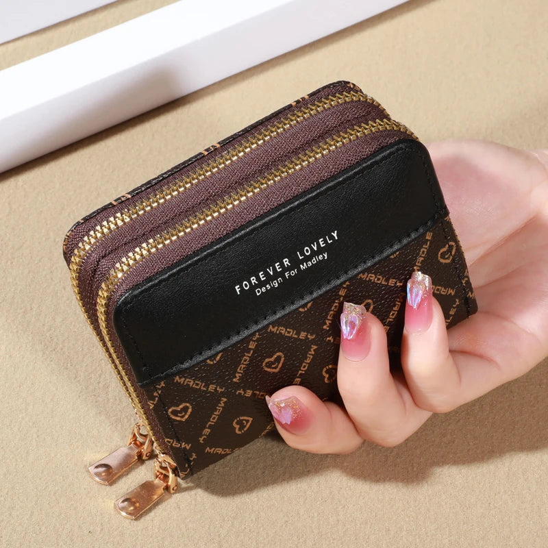 Forever Lovely Mini Wallet - Chic Faux Leather with Double Zipper, Multiple Card Slots & Slip Pocket, Compact Classic Clutch