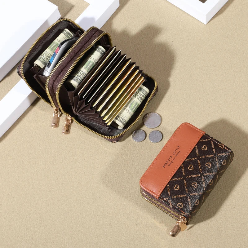 Forever Lovely Mini Wallet - Chic Faux Leather with Double Zipper, Multiple Card Slots & Slip Pocket, Compact Classic Clutch