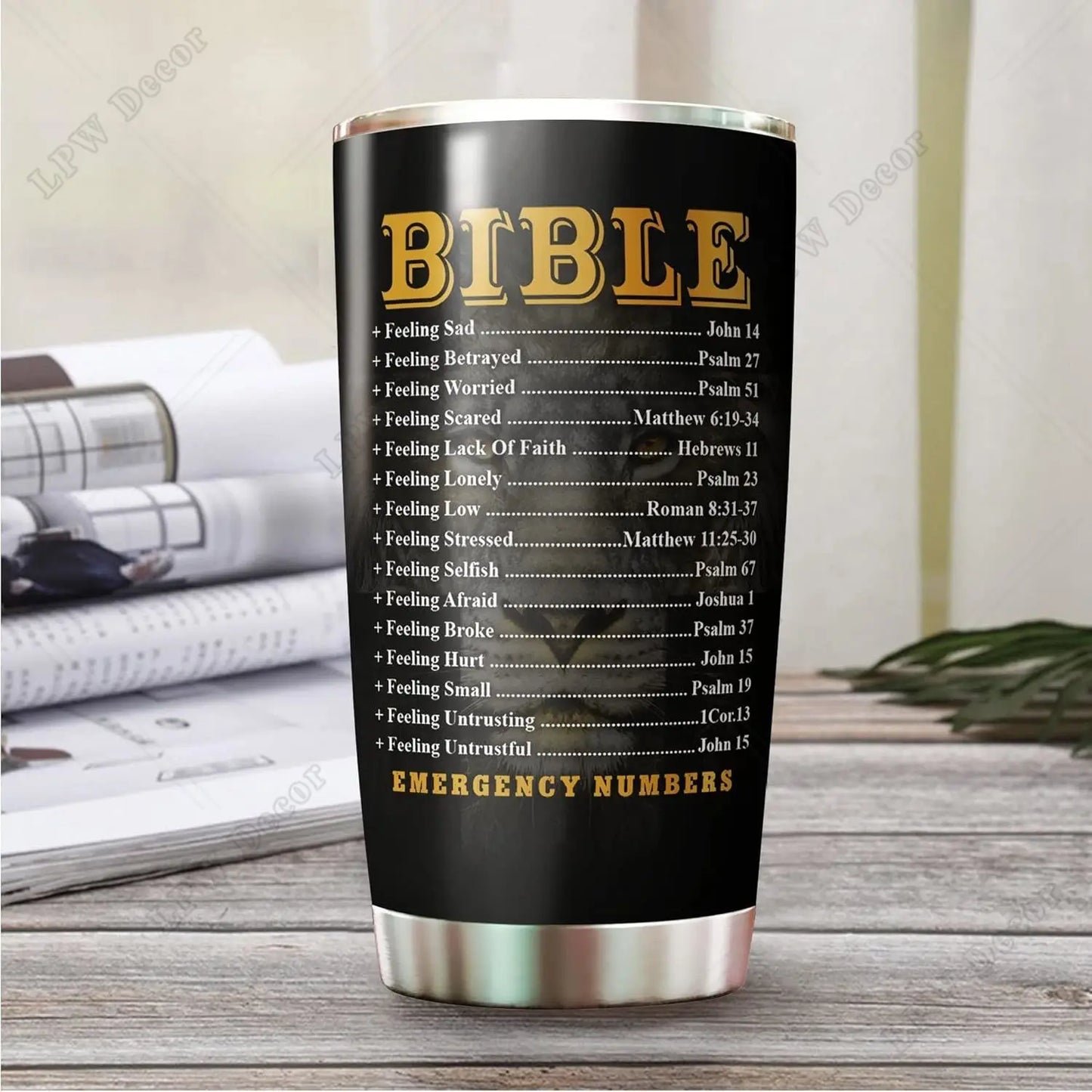 Lion of Judah Tumbler, Featuring Bible Emergency Numbers