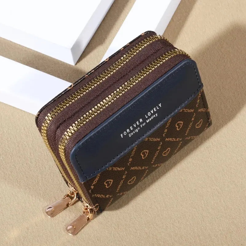 Forever Lovely Mini Wallet - Chic Faux Leather with Double Zipper, Multiple Card Slots & Slip Pocket, Compact Classic Clutch