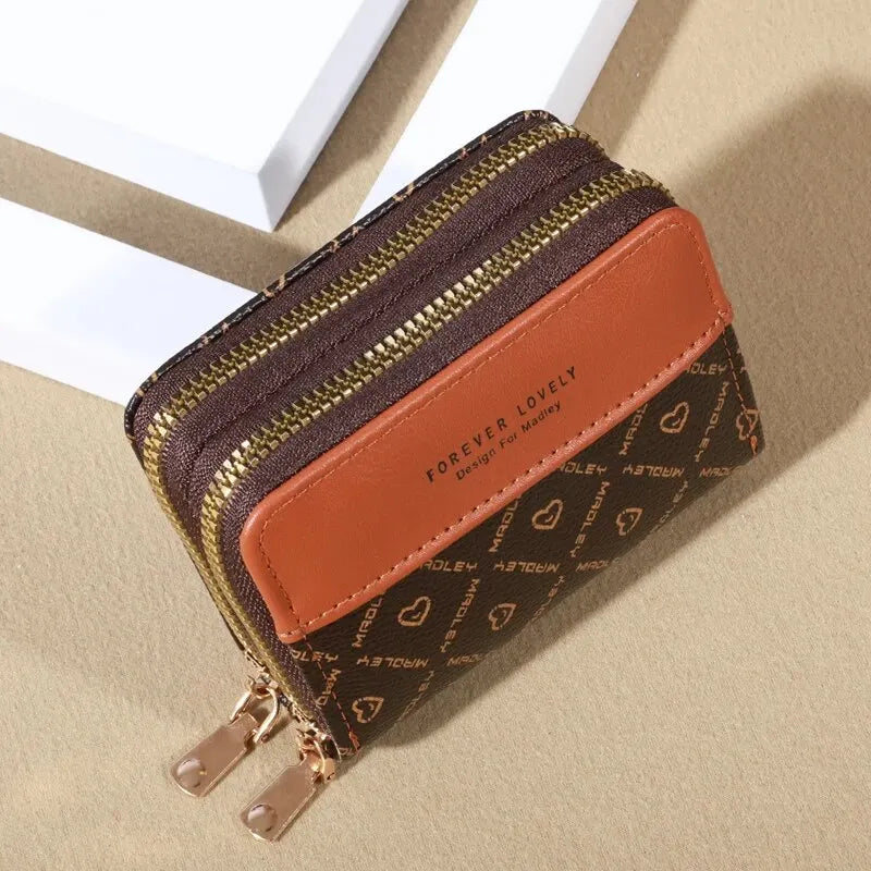 Forever Lovely Mini Wallet - Chic Faux Leather with Double Zipper, Multiple Card Slots & Slip Pocket, Compact Classic Clutch