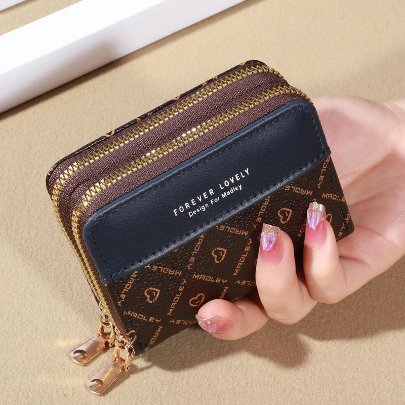 Forever Lovely Mini Wallet - Chic Faux Leather with Double Zipper, Multiple Card Slots & Slip Pocket, Compact Classic Clutch