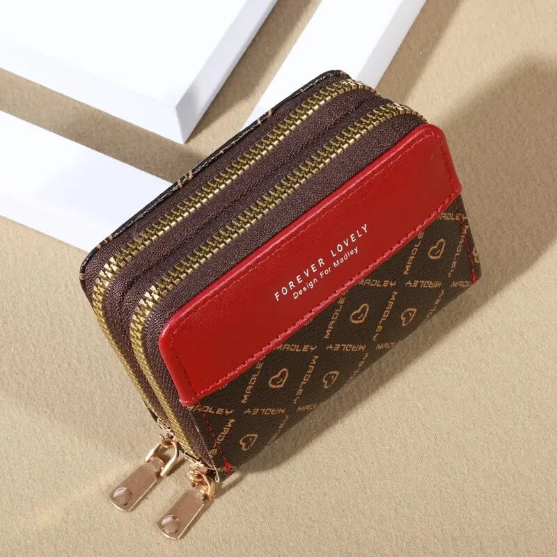Forever Lovely Mini Wallet - Chic Faux Leather with Double Zipper, Multiple Card Slots & Slip Pocket, Compact Classic Clutch
