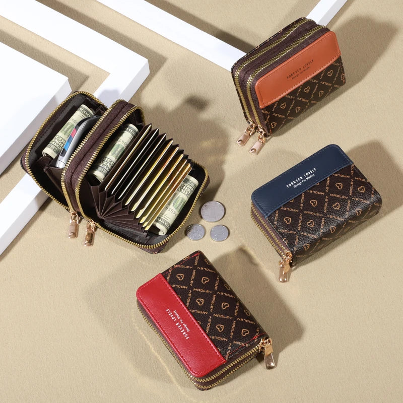 Forever Lovely Mini Wallet - Chic Faux Leather with Double Zipper, Multiple Card Slots & Slip Pocket, Compact Classic Clutch