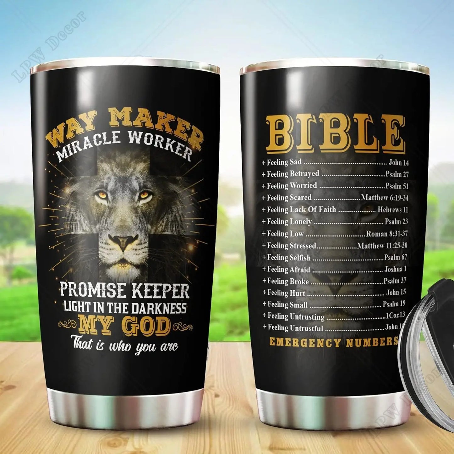Lion of Judah Tumbler, Featuring Bible Emergency Numbers