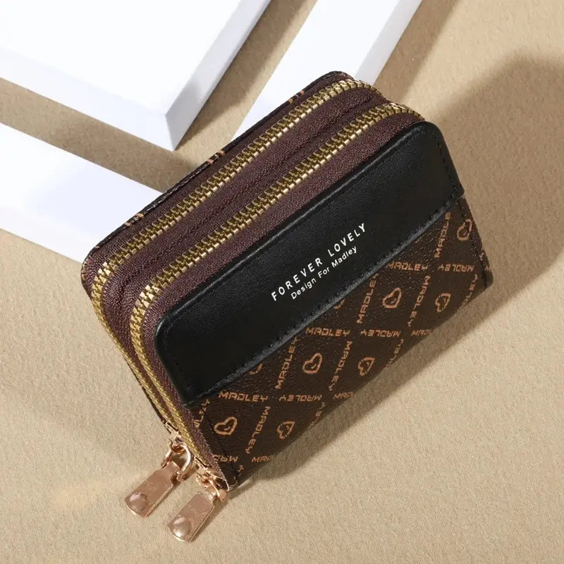 Forever Lovely Mini Wallet - Chic Faux Leather with Double Zipper, Multiple Card Slots & Slip Pocket, Compact Classic Clutch