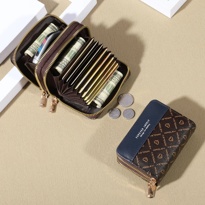 Forever Lovely Mini Wallet - Chic Faux Leather with Double Zipper, Multiple Card Slots & Slip Pocket, Compact Classic Clutch