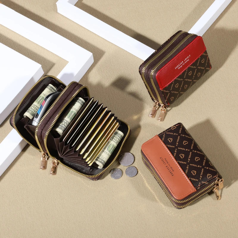 Forever Lovely Mini Wallet - Chic Faux Leather with Double Zipper, Multiple Card Slots & Slip Pocket, Compact Classic Clutch