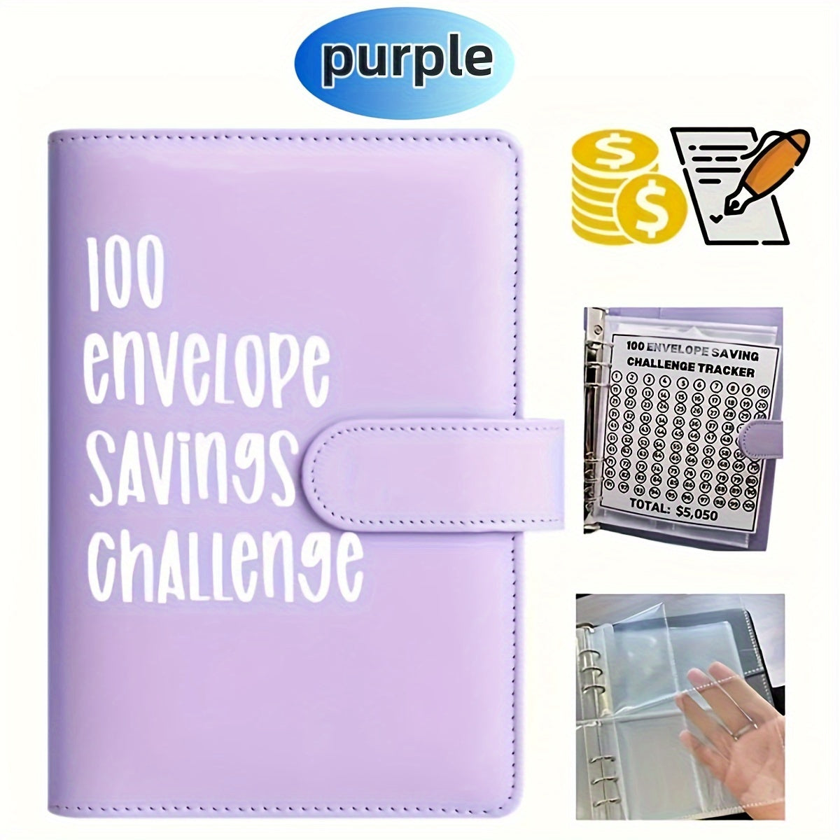 100 Envelopes Savings Challenge, Faux Leather Cover 100 Envelopes Challenge Binder