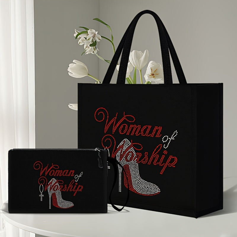 2pcs Women of Worship Tote Bag Set with Cosmetic Pouch, Casual Fabric Tote Bags with Adjustable Shoulder Straps
