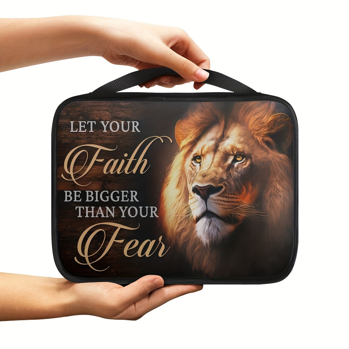1pc Inspirational Lion Bible Tote Bag - "Let Your Faith Be Bigger Than Your Fear" Quote, Durable Polyester Bible Cover with Sturdy Handle,