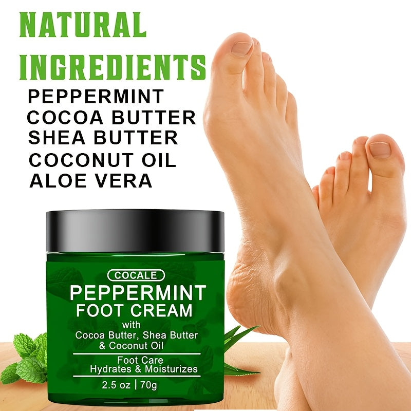 COCALE Peppermint Foot Cream with Shea Butter & Coconut Oil - Hydrates & Moisturizes Dry, Cracked Feet, Hands, Heels, Elbows - Alcohol-Free, Suitable for All Skin Types, 2.5oz