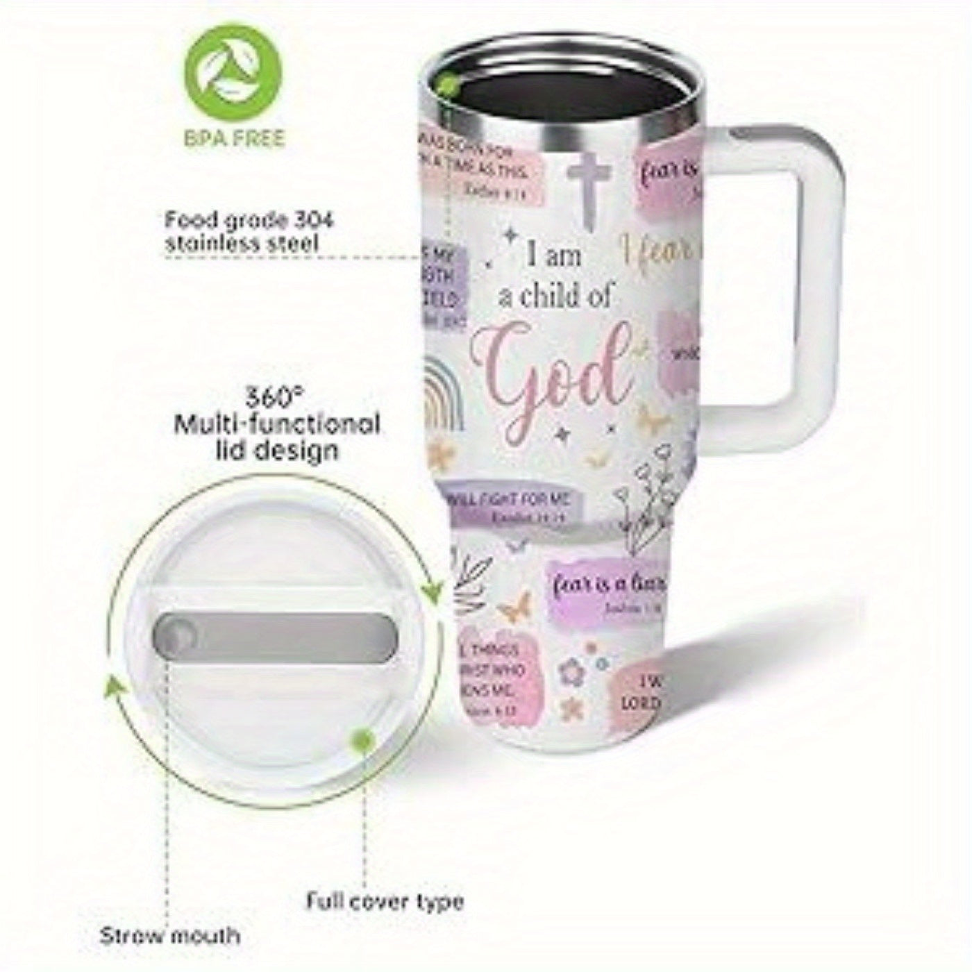 40 Oz Tumbler With Handle, With Inspirational Scriptures to Inspire Your Faith