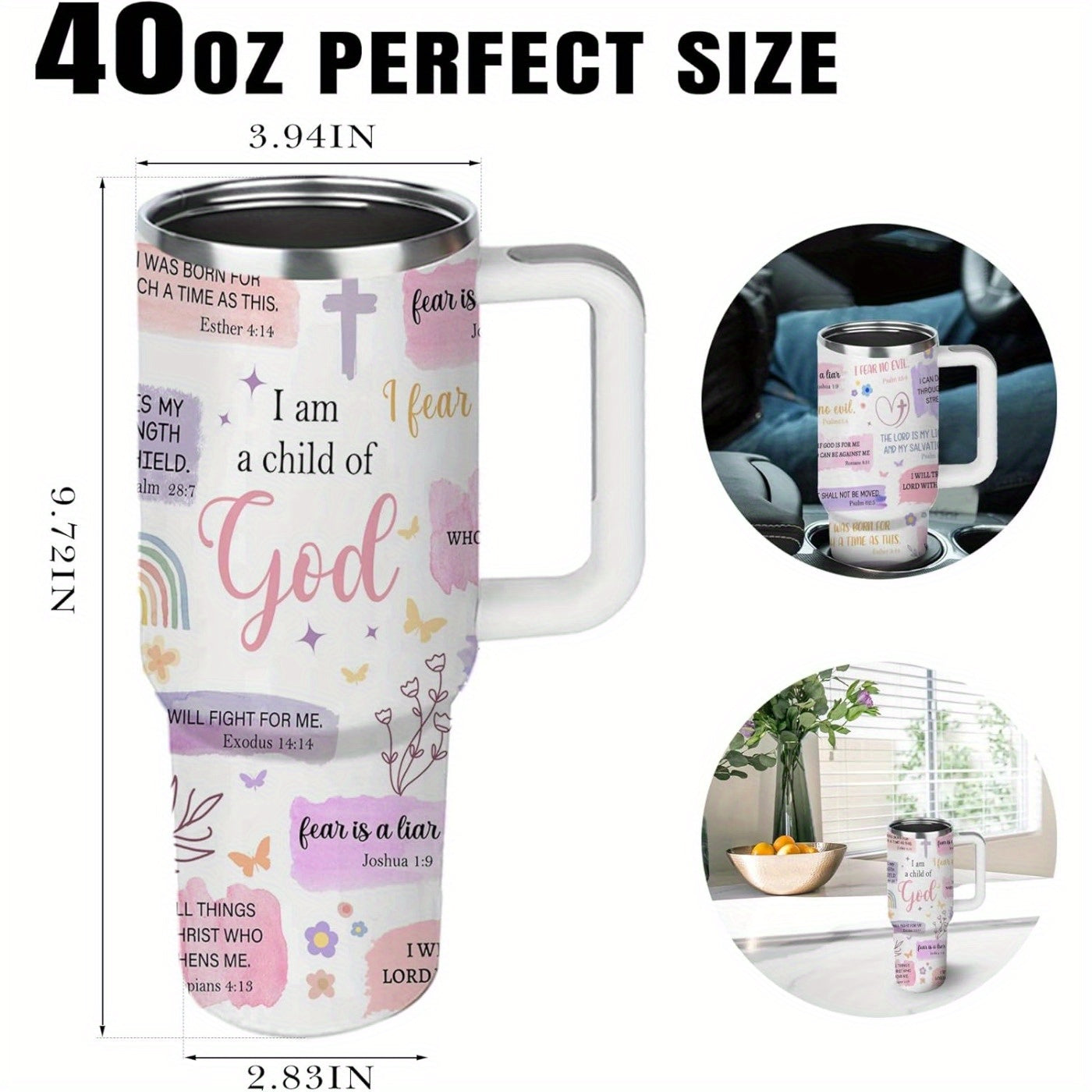 40 Oz Tumbler With Handle, With Inspirational Scriptures to Inspire Your Faith