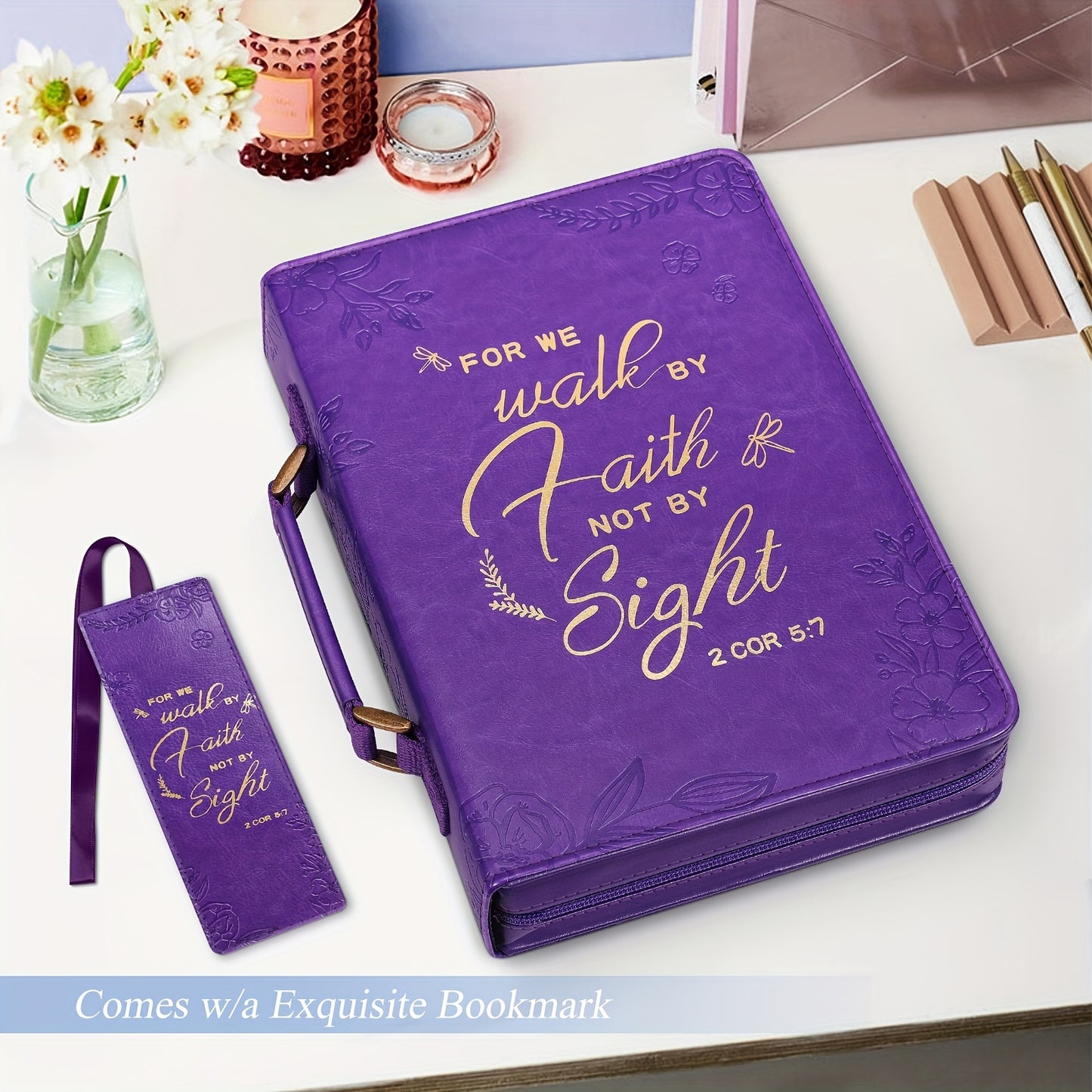 Extra Large Purple Bible Cover, Durable Faux Leather with Elegant Golden Embossed Scripture & Floral Design, Includes Matching Bookmark