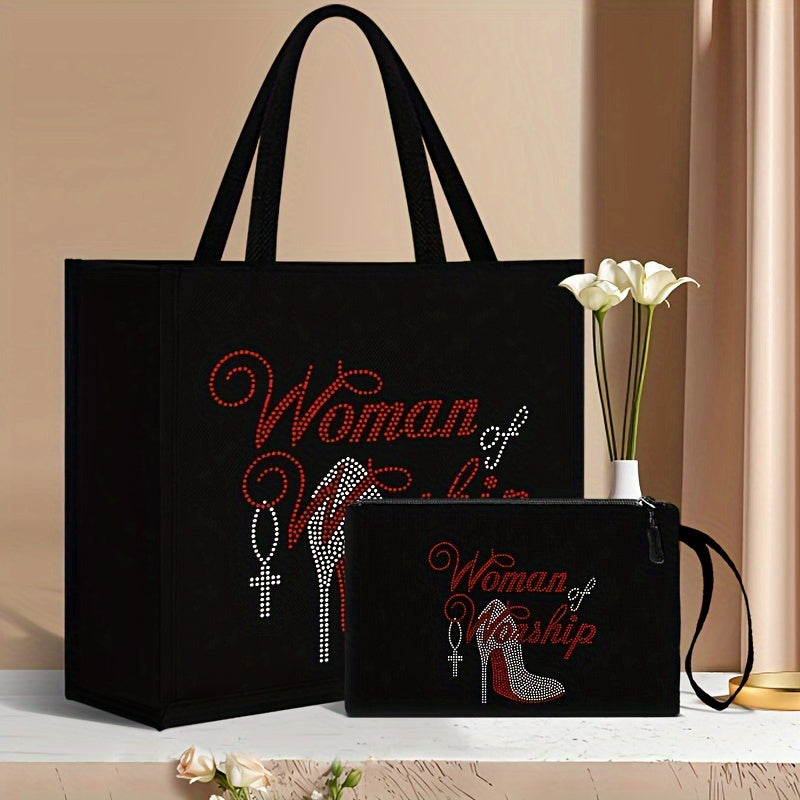 2pcs Women of Worship Tote Bag Set with Cosmetic Pouch, Casual Fabric Tote Bags with Adjustable Shoulder Straps
