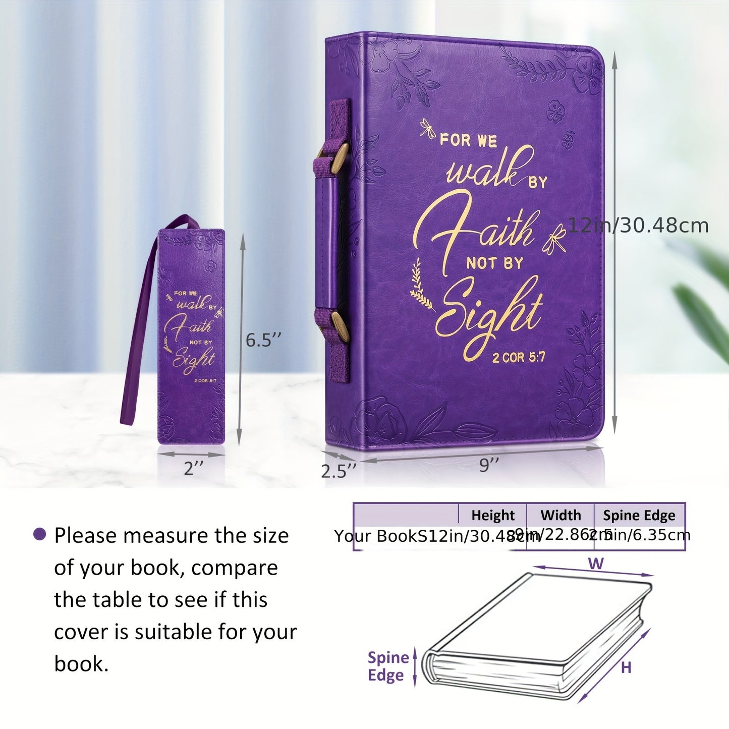 Extra Large Purple Bible Cover, Durable Faux Leather with Elegant Golden Embossed Scripture & Floral Design, Includes Matching Bookmark