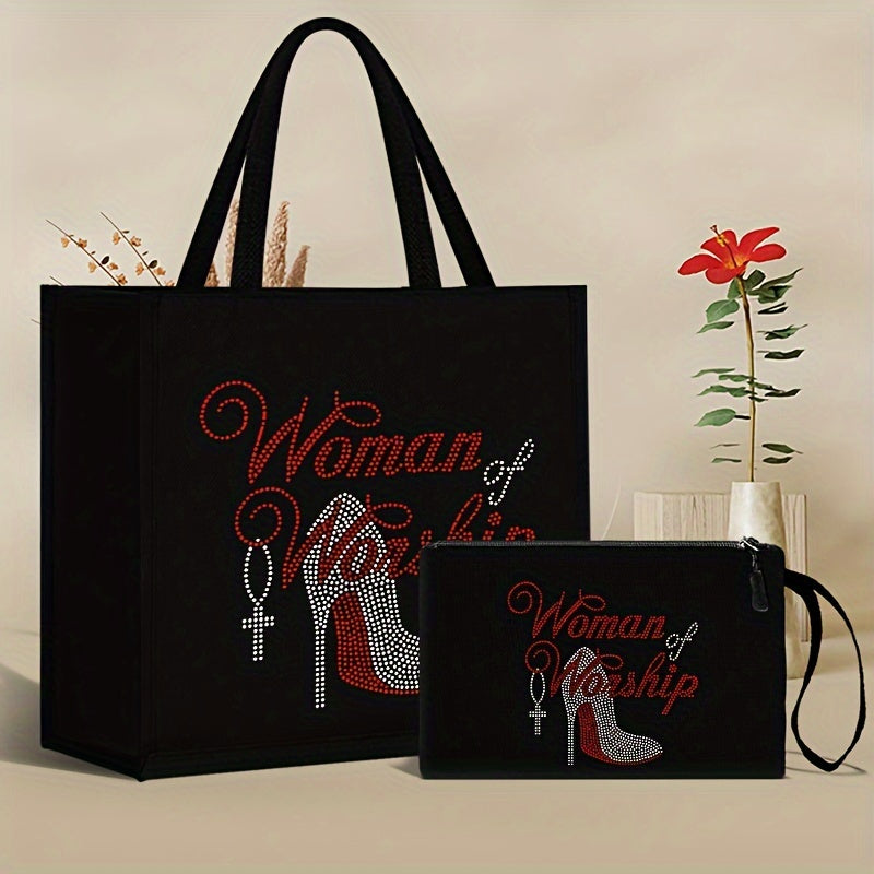 2pcs Women of Worship Tote Bag Set with Cosmetic Pouch, Casual Fabric Tote Bags with Adjustable Shoulder Straps