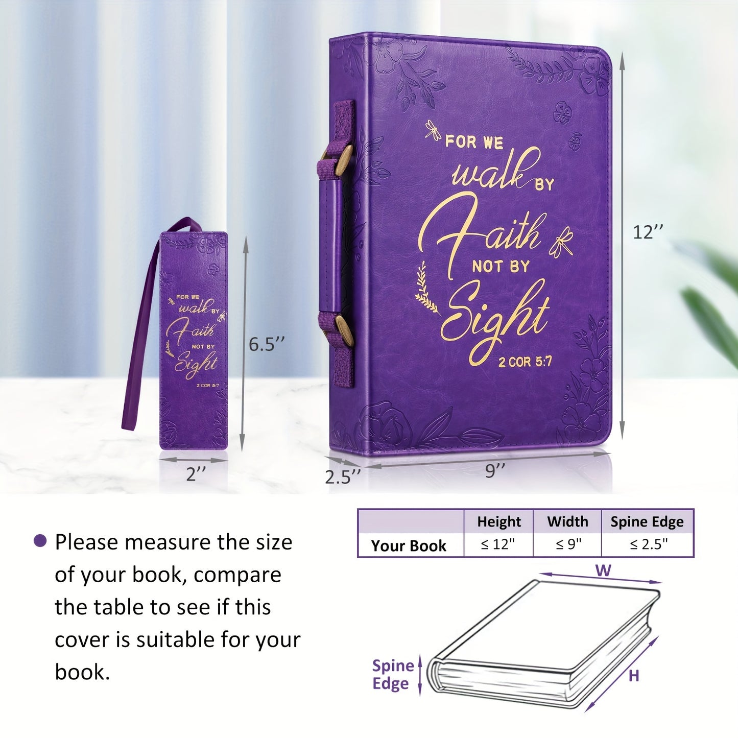 Extra Large Purple Bible Cover, Durable Faux Leather with Elegant Golden Embossed Scripture & Floral Design, Includes Matching Bookmark