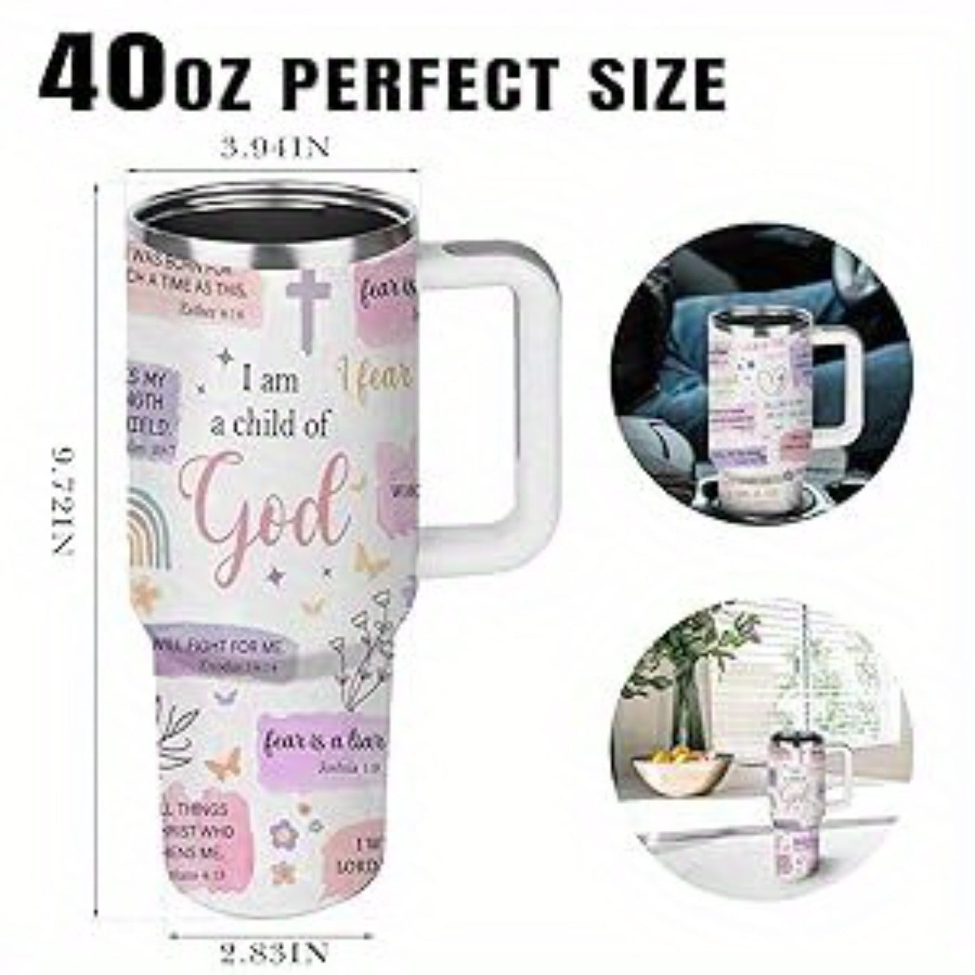 40 Oz Tumbler With Handle, With Inspirational Scriptures to Inspire Your Faith