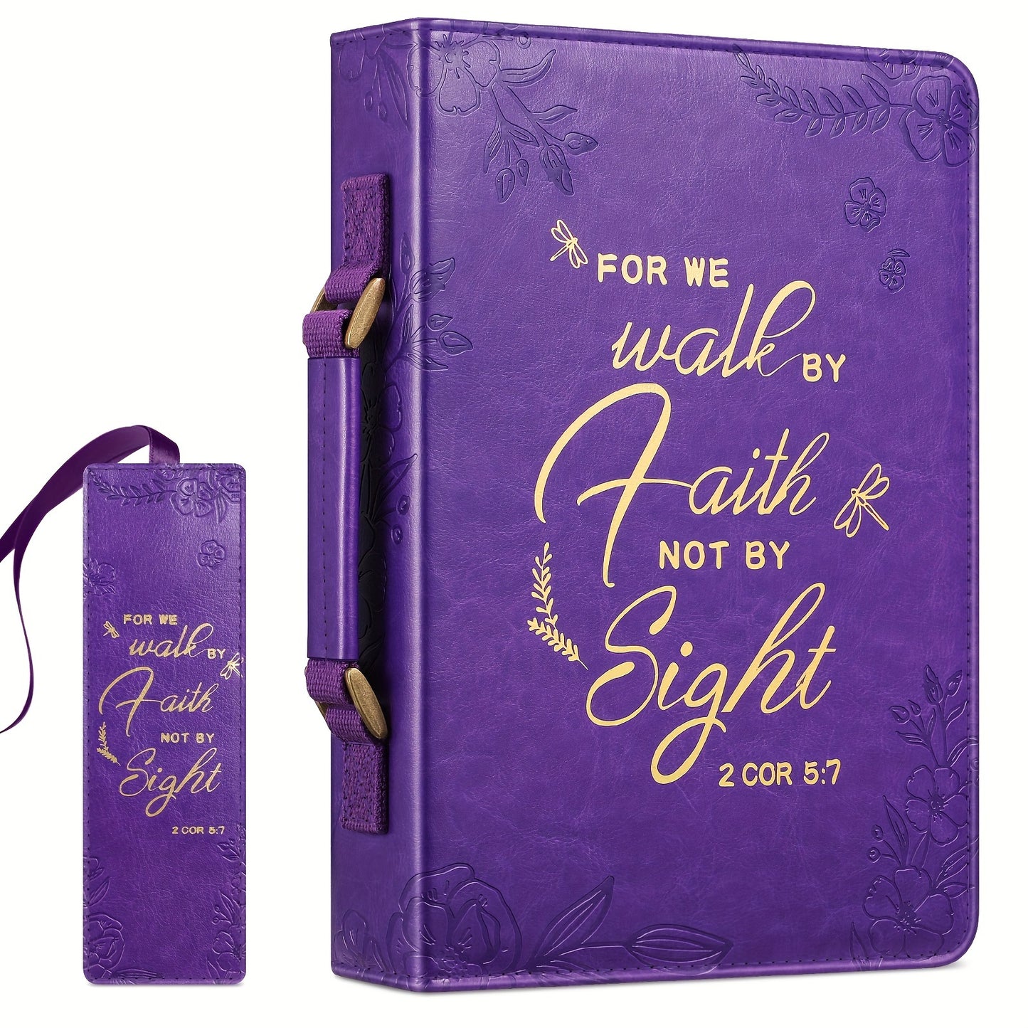 Extra Large Purple Bible Cover, Durable Faux Leather with Elegant Golden Embossed Scripture & Floral Design, Includes Matching Bookmark